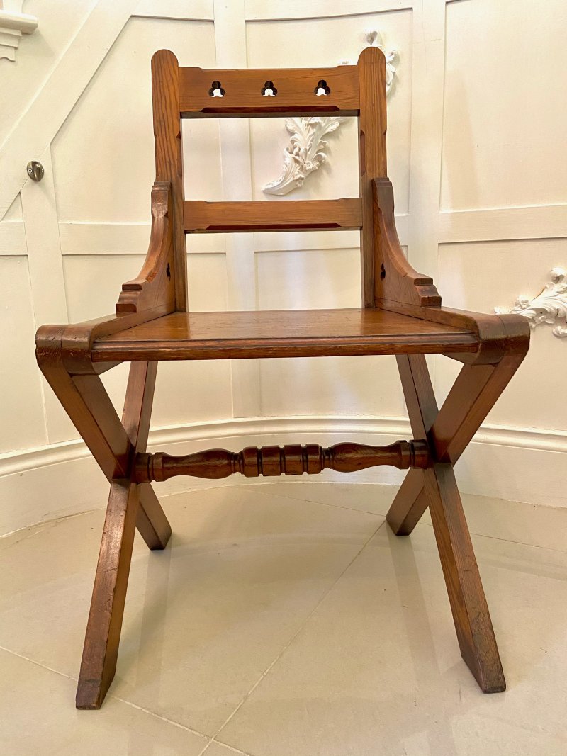 Unusual Antique Set of Twelve Gothic Pitch Pine Dining Chairs - Image 10